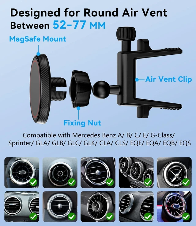 Alt view image 5 of 7 - ALAFLY Compatible with Magsafe Car Mount for Mercedes Benz A/B/C/E/G/GLA/GLK/Mini Cooper Round Air Vent, Strong Magnetic Phone Holder for iPhone 16 15 14 13 12 Pro Max Plus Mini