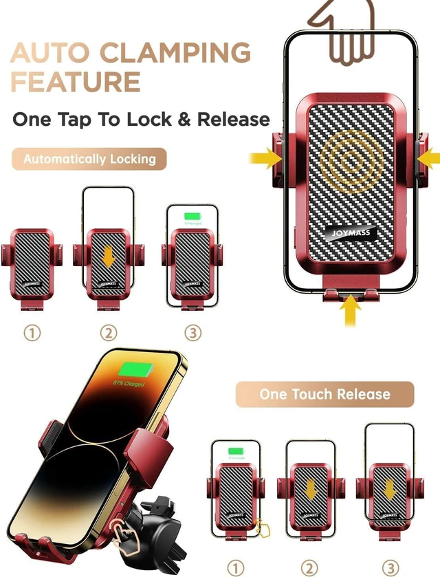 Alt view image 4 of 7 - Wireless Car Charger, Phone Holders, 15W Auto Clamping Phone Mount Car Accessories for iPhone 16 15 14 13 12 Mini Pro Max 11, Samsung Galaxy S24 Ultra S23 S22+ Note 20, etc - Red