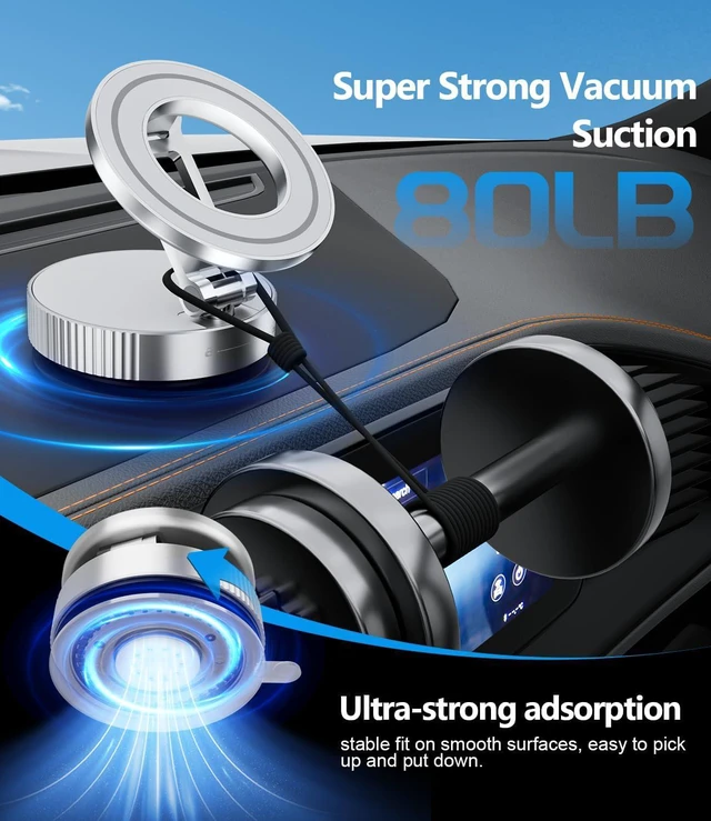 Alt view image 2 of 7 - CloudValley Magnetic Car Phone Holder - Vacuum Suction Cup Phone Mount 360° Adjustable, Durable Metal Stand for iPhone & Android, Portable Magnetic Holder for Dashboard/Windshield/Gym Mirror (Silver)