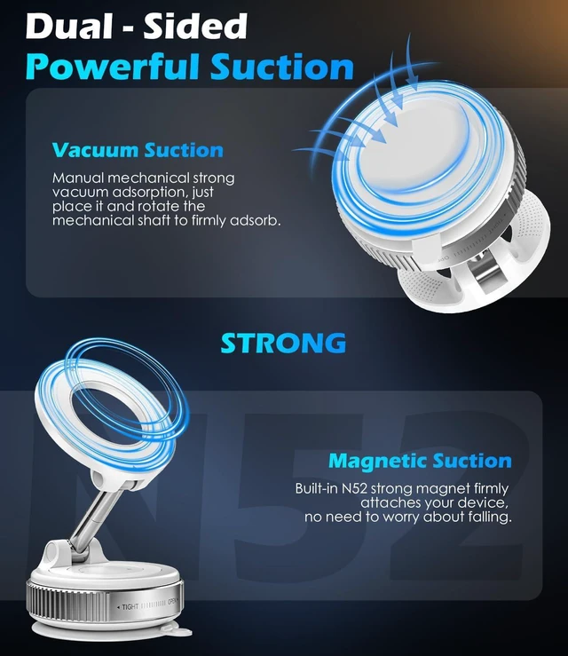 Alt view image 2 of 7 - ALAFLY Vacuum Suction Cup Car Phone Holder, Compatible with MagSafe, 360° Adjustable & Foldable Magnetic Phone Mount for Car/Glass/Any Smooth Surface, Hands-Free - White