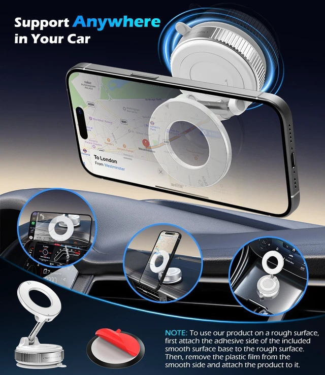 Alt view image 5 of 7 - ALAFLY Vacuum Suction Cup Car Phone Holder, Compatible with MagSafe, 360° Adjustable & Foldable Magnetic Phone Mount for Car/Glass/Any Smooth Surface, Hands-Free - White