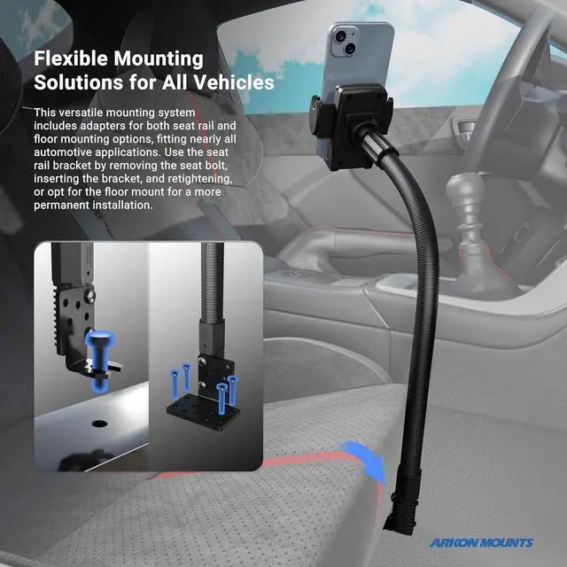 Alt view image 5 of 6 - Mounts - Phone Holder with Car Seat Rail Mount | Car Phone Stand with Flexible 22 Arm | Professional-Grade Durability | Phone Holder For Car | For iPhone  Google Nokia other phones