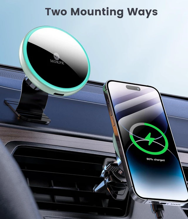 Alt view image 2 of 2 - MOKPR for Magsafe Car Mount Charger-Magnetic Car Phone Holder Wireless Car Charger for Dash Air Vent-LED RGB HandsFree Car Mount Fast Car Charger for iPhone 16/15/14/13/12 Series (Bright Green)