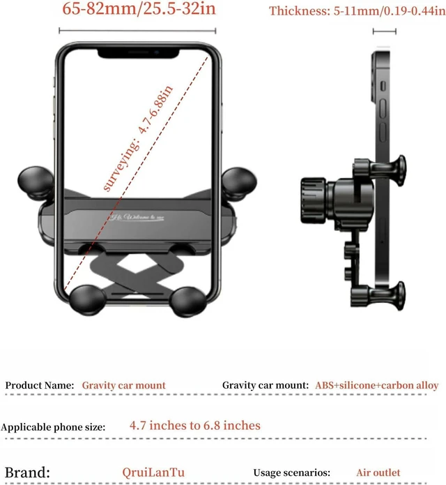 Alt view image 6 of 6 - QruiLanTu Car Vent Phone Mount Gravity Cell Phone Holder Never Blocking Vent with Rotatable Swing Arm Hands Free Universal Extension Clip Air Phone Holder Car Fit for All Phones iPhone Samsung