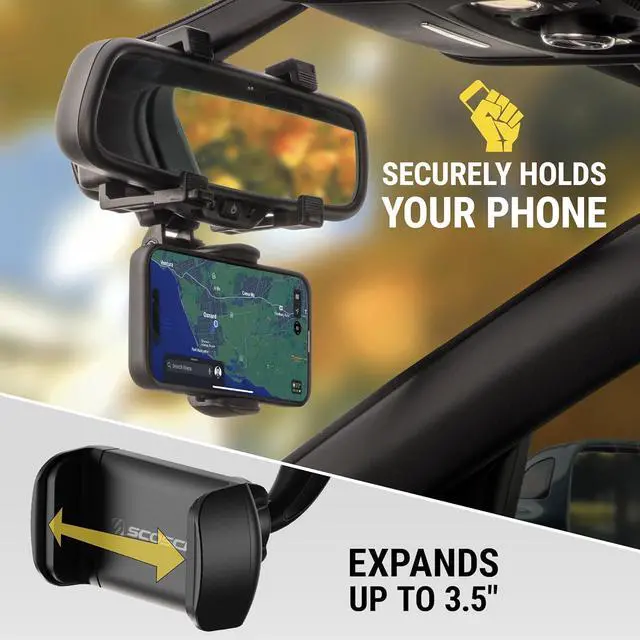 Alt view image 3 of 5 - Scosche SUHRM-1 StuckUp Rotatable Hands-Free Cell Phone Holder, Car Rear View Mirror Mount, 360° Hanging Rearview Mirror Phone Mount, Compatible w/iPhone 15/14/13/12 Series, Android Smartphone, GPS