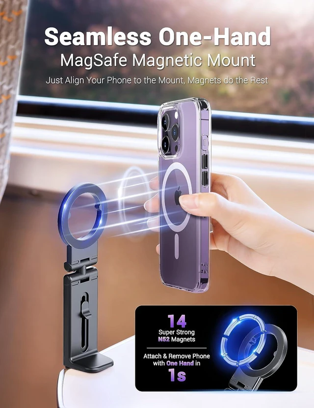 Alt view image 2 of 6 - PROfezzion 2-Pack Magnetic Airplane Phone Holder for MagSafe, iPhone 16, 15, 14, 13, 12 & All Phones, Handsfree Phone Mount for Seat Tray Table, Travel Essentials Must Accessories for Flying-Black
