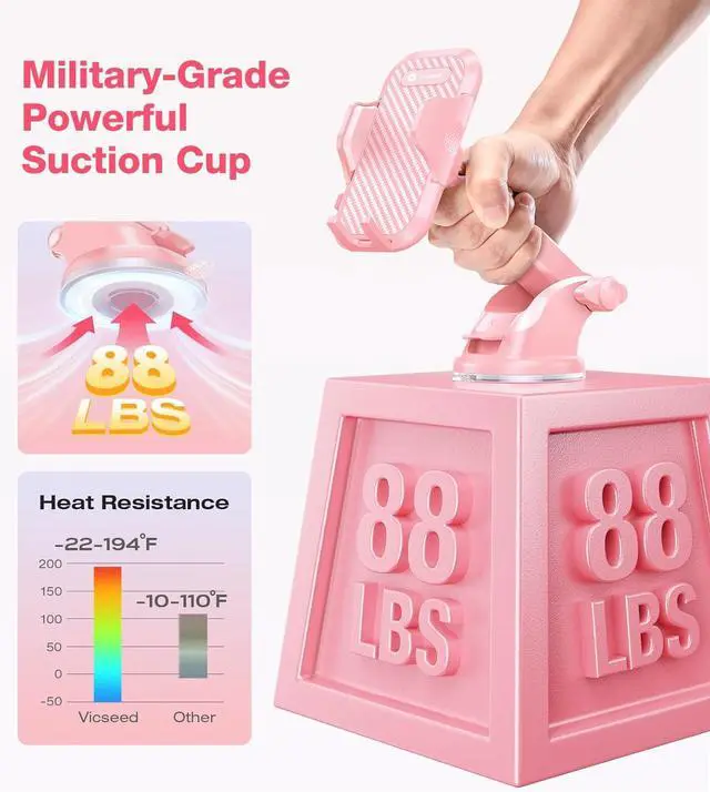 Alt view image 2 of 7 - VICSEED Pink Phone Holder for Your Car [Sturdy & Durable] [Powerful Suction] Dashboard Windshield Car Phone Holder Hands Free Phone Mount for Car for iPhone Android Smartphone, Pink Car Accessories