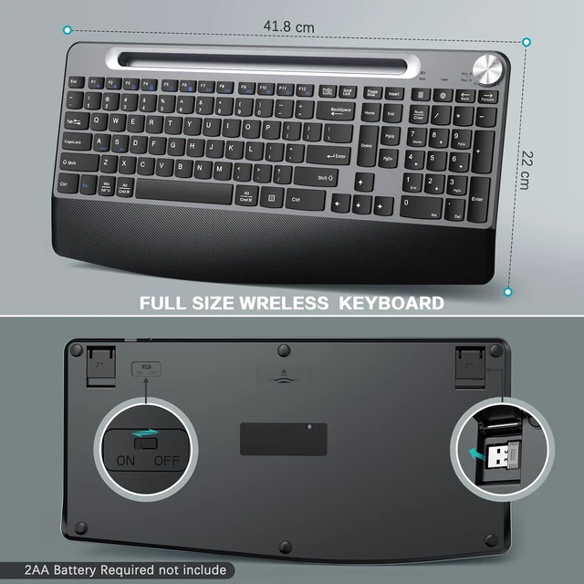 Alt view image 3 of 7 - GAMCATZ Ergonomic Wireless Keyboard with Wrist Rest, Phone Holder, Volume Knob,Windows & Mac OS, 2.4GHz Full Size Silent Cordless USB Computer Keyboard for Laptop,PC, Mac, Windows-Black