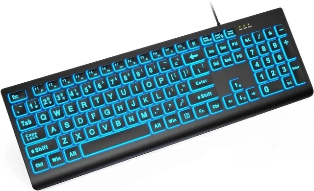 Main image of SABLUTE Wired Large Print Backlit Computer Keyboard, K11PRO | 3X Larger Print Keys, 7-Color LED Backlight, Full Size Layout, Foldable Tilt Stand, USB Plug & Play, Windows Compatible