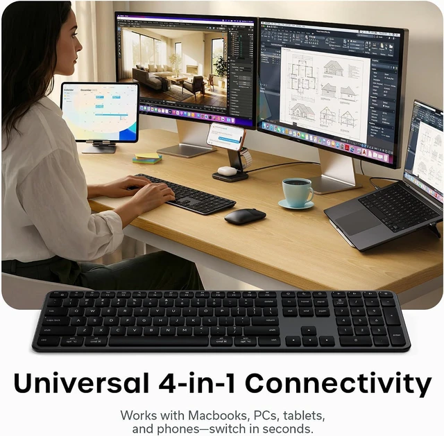 Alt view image 3 of 7 - Satechi Slim EX3 Wireless Keyboard, Bluetooth & 2.4 GHz, Space Black | Full-size with numpad, instant OS key remap, rechargeable battery, for macOS, Windows, Android