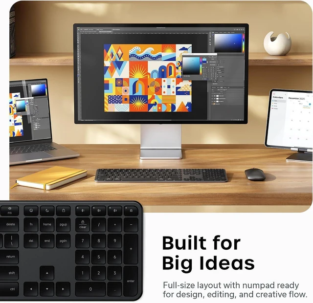 Alt view image 5 of 7 - Satechi Slim EX3 Wireless Keyboard, Bluetooth & 2.4 GHz, Space Black | Full-size with numpad, instant OS key remap, rechargeable battery, for macOS, Windows, Android