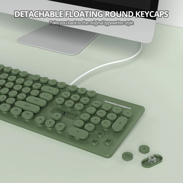 Alt view image 4 of 7 - Wired Retro Typewriter Keyboard, Quiet Computer Keyboard Light up with Full Size 104 Round Keys Blue LED Backlit Slim Silent for Windows PC Laptop(Dark Green)