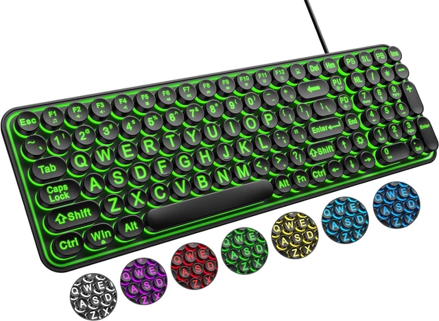 Main image of QUASIO Large Print Backlit Keyboard, Wired USB Lighted Computer Keyboards with 7-Color Backlit, Oversized Print Letters, Quiet Typewriter Keyboard with Retro Round Keycaps for Windows PC, Laptop