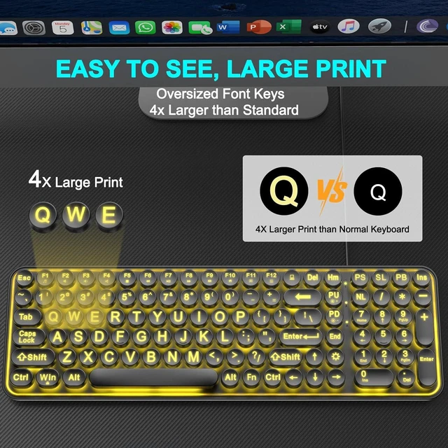 Alt view image 2 of 7 - QUASIO Large Print Backlit Keyboard, Wired USB Lighted Computer Keyboards with 7-Color Backlit, Oversized Print Letters, Quiet Typewriter Keyboard with Retro Round Keycaps for Windows PC, Laptop