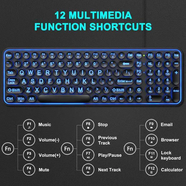 Alt view image 6 of 7 - QUASIO Large Print Backlit Keyboard, Wired USB Lighted Computer Keyboards with 7-Color Backlit, Oversized Print Letters, Quiet Typewriter Keyboard with Retro Round Keycaps for Windows PC, Laptop