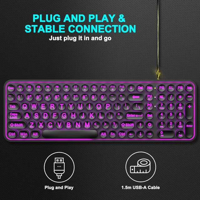 Alt view image 7 of 7 - QUASIO Large Print Backlit Keyboard, Wired USB Lighted Computer Keyboards with 7-Color Backlit, Oversized Print Letters, Quiet Typewriter Keyboard with Retro Round Keycaps for Windows PC, Laptop