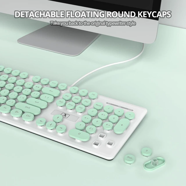 Alt view image 3 of 7 - Quiet Keyboard Wired Membrane Keyboard Green, Full Size 104 Keys Typewriter Key Board with Number Pad, White LED Backlit, Round Keycaps, Cute Computer Keyboards (Light Green)