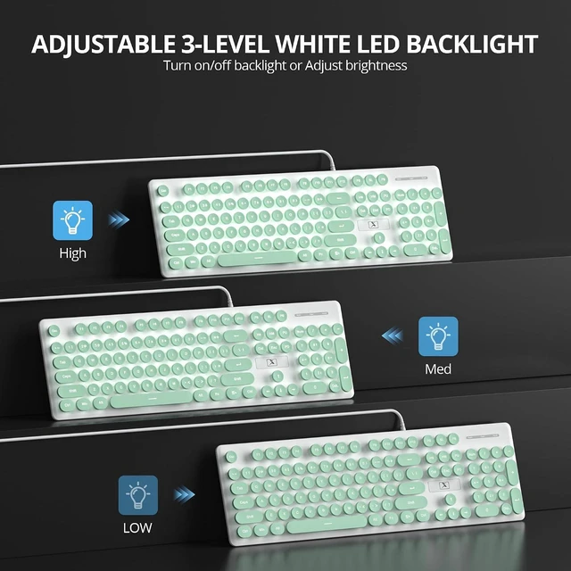 Alt view image 7 of 7 - Quiet Keyboard Wired Membrane Keyboard Green, Full Size 104 Keys Typewriter Key Board with Number Pad, White LED Backlit, Round Keycaps, Cute Computer Keyboards (Light Green)
