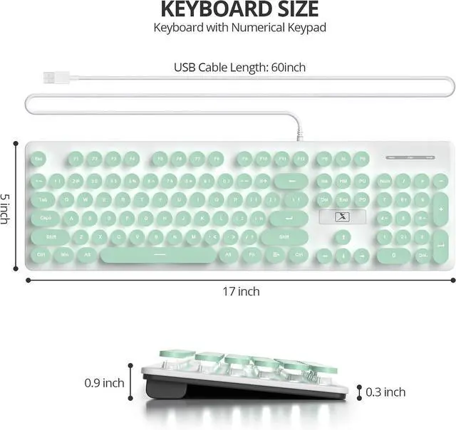 Alt view image 5 of 7 - Quiet Keyboard Wired Membrane Keyboard Green, Full Size 104 Keys Typewriter Key Board with Number Pad, White LED Backlit, Round Keycaps, Cute Computer Keyboards (Light Green)