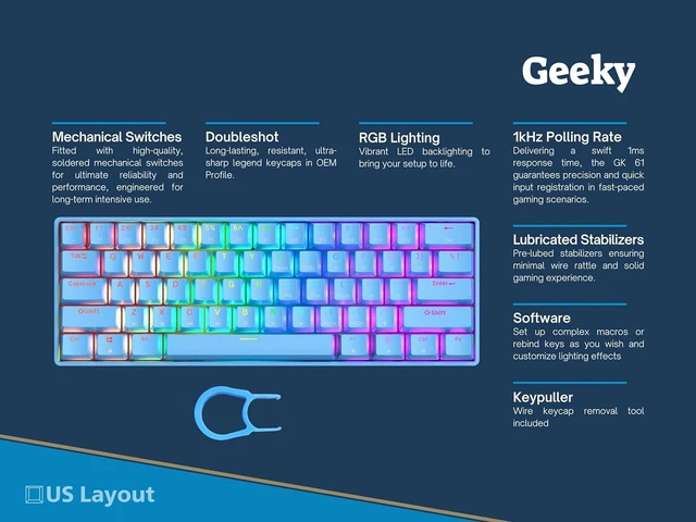 Alt view image 2 of 7 - Geeky GK61 SE 60% | Mechanical Gaming Keyboard | 61 Keys Multi Color RGB LED Backlit for PC/Mac Gamer | ANSI US American Layout (Blue, Mechanical Black)