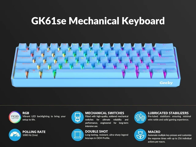 Alt view image 5 of 7 - Geeky GK61 SE 60% | Mechanical Gaming Keyboard | 61 Keys Multi Color RGB LED Backlit for PC/Mac Gamer | ANSI US American Layout (Blue, Mechanical Black)