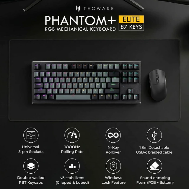 Alt view image 2 of 7 - TECWARE Phantom+ Elite 87 Key RGB Mechanical Gaming Keyboard | 3 Mode Wireless Bluetooth 5.0 2.4GHz & USB C Wired | Hot Swappable 5 Pin | Double Shot PBT Keycaps | Wraith Red Switch - Black
