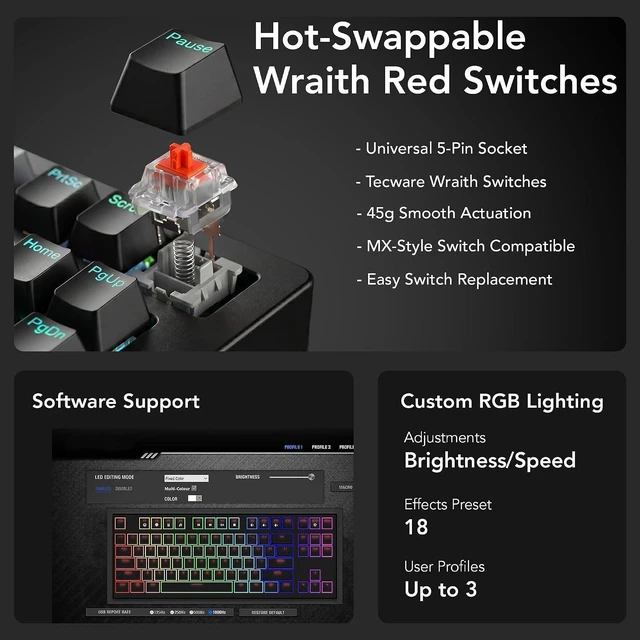 Alt view image 5 of 7 - TECWARE Phantom+ Elite 87 Key RGB Mechanical Gaming Keyboard | 3 Mode Wireless Bluetooth 5.0 2.4GHz & USB C Wired | Hot Swappable 5 Pin | Double Shot PBT Keycaps | Wraith Red Switch - Black