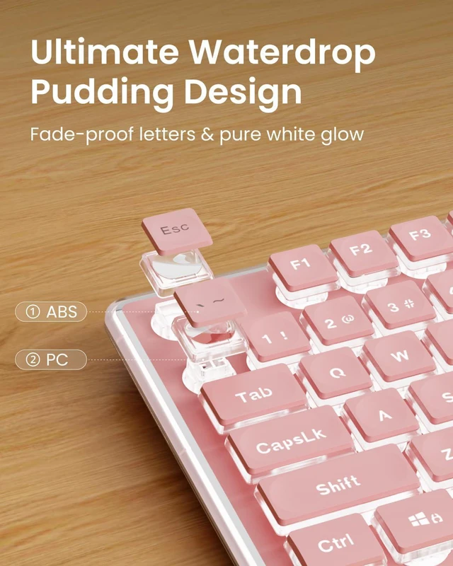 Alt view image 2 of 7 - SEUNKWANG Wired Backlit Keyboard with Pudding Keycaps, Quiet Full Size Computer Keyboard White Backlight Easy-to-Read, Never Fade, Metal Panel, USB Cute Desk Setup for Windows PC Desktop, Pink