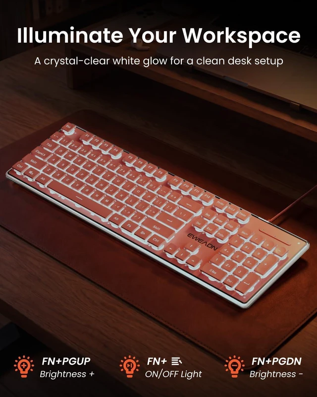 Alt view image 4 of 7 - SEUNKWANG Wired Backlit Keyboard with Pudding Keycaps, Quiet Full Size Computer Keyboard White Backlight Easy-to-Read, Never Fade, Metal Panel, USB Cute Desk Setup for Windows PC Desktop, Pink