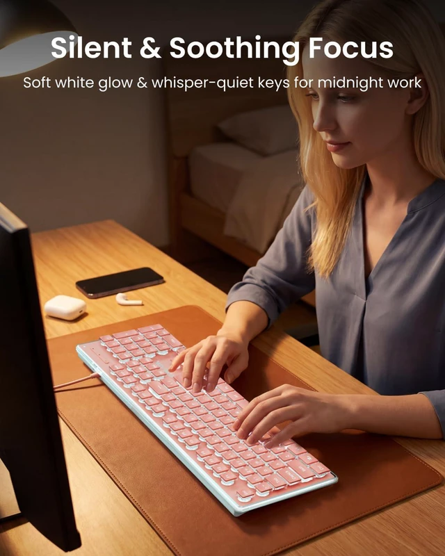 Alt view image 5 of 7 - SEUNKWANG Wired Backlit Keyboard with Pudding Keycaps, Quiet Full Size Computer Keyboard White Backlight Easy-to-Read, Never Fade, Metal Panel, USB Cute Desk Setup for Windows PC Desktop, Pink