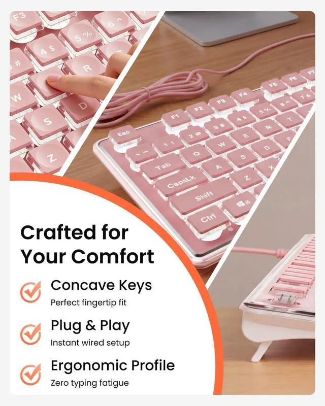 Alt view image 6 of 7 - SEUNKWANG Wired Backlit Keyboard with Pudding Keycaps, Quiet Full Size Computer Keyboard White Backlight Easy-to-Read, Never Fade, Metal Panel, USB Cute Desk Setup for Windows PC Desktop, Pink