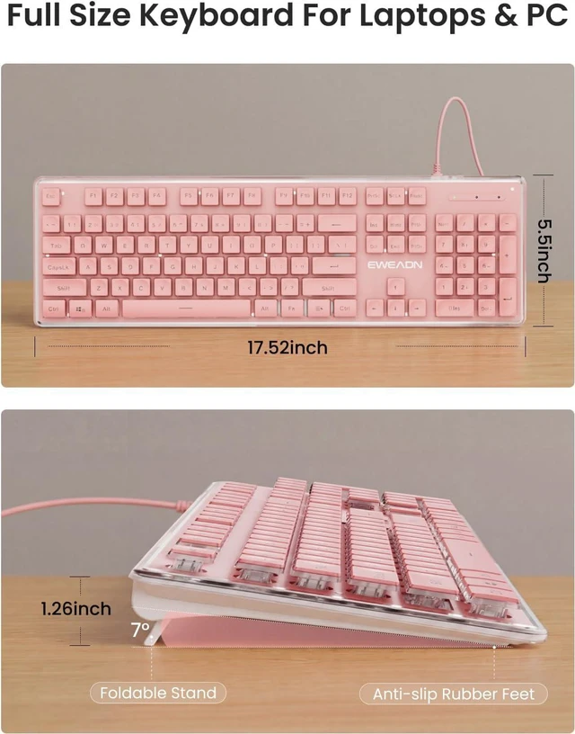 Alt view image 7 of 7 - SEUNKWANG Wired Backlit Keyboard with Pudding Keycaps, Quiet Full Size Computer Keyboard White Backlight Easy-to-Read, Never Fade, Metal Panel, USB Cute Desk Setup for Windows PC Desktop, Pink