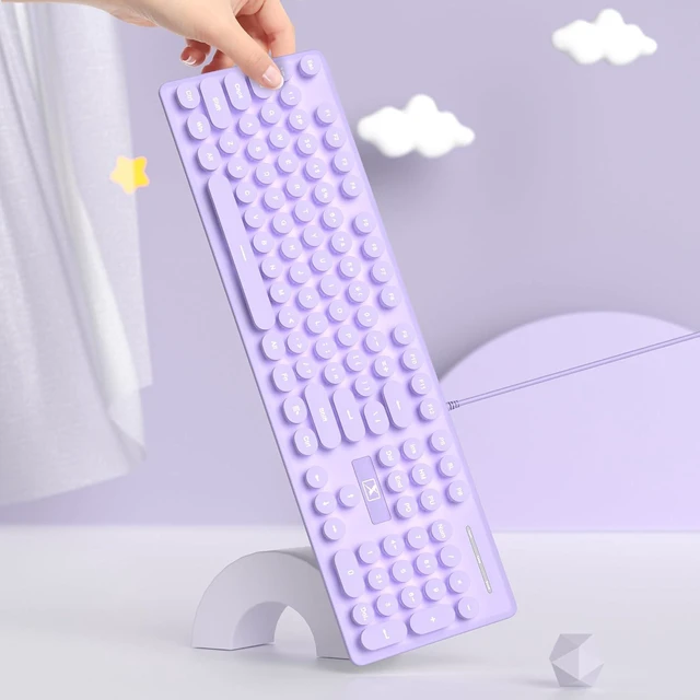 Alt view image 5 of 7 - Full Size Wired Computer Keyboard, Quiet Typewriter Keyboard with Retro Round Keycaps, LED Backlit, Membrane, 104-key for PC, Laptop(Purple)