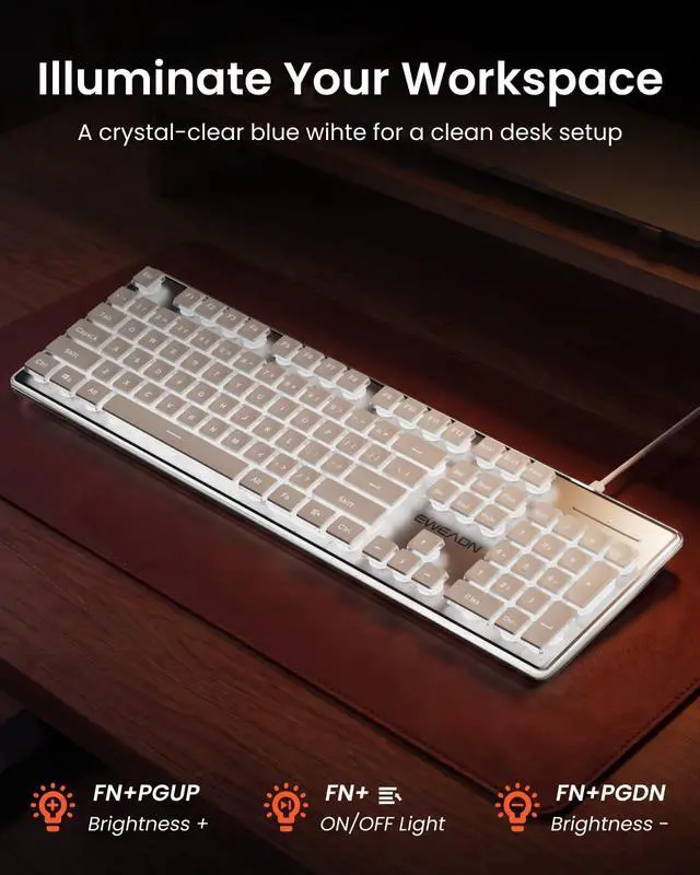 Alt view image 4 of 7 - SEUNKWANG Wired Backlit Keyboard with Pudding Keycaps, Quiet Full Size Computer Keyboard White Backlight Easy-to-Read, Never Fade, Metal Panel, USB Cute Desk Setup for Windows PC Desktop, White