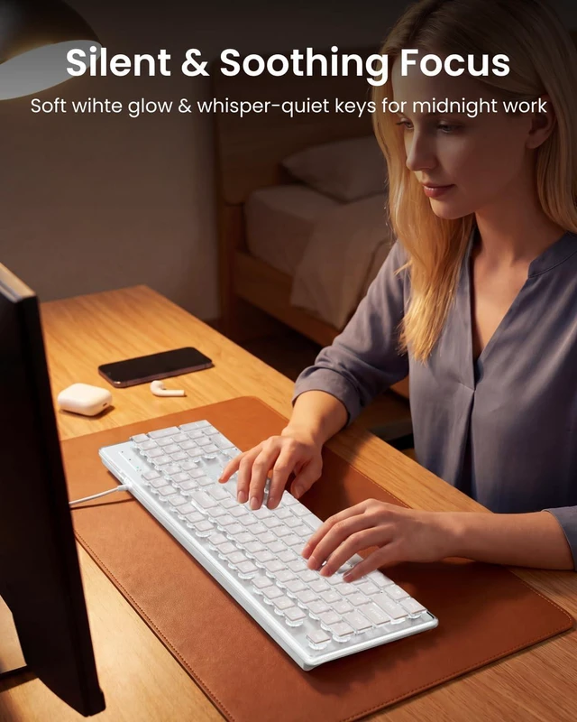 Alt view image 5 of 7 - SEUNKWANG Wired Backlit Keyboard with Pudding Keycaps, Quiet Full Size Computer Keyboard White Backlight Easy-to-Read, Never Fade, Metal Panel, USB Cute Desk Setup for Windows PC Desktop, White