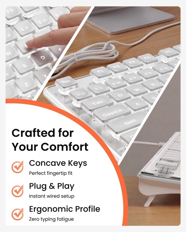 Alt view image 6 of 7 - SEUNKWANG Wired Backlit Keyboard with Pudding Keycaps, Quiet Full Size Computer Keyboard White Backlight Easy-to-Read, Never Fade, Metal Panel, USB Cute Desk Setup for Windows PC Desktop, White