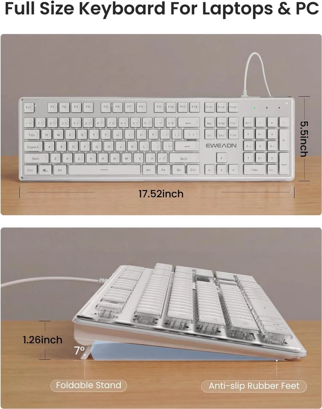 Alt view image 7 of 7 - SEUNKWANG Wired Backlit Keyboard with Pudding Keycaps, Quiet Full Size Computer Keyboard White Backlight Easy-to-Read, Never Fade, Metal Panel, USB Cute Desk Setup for Windows PC Desktop, White
