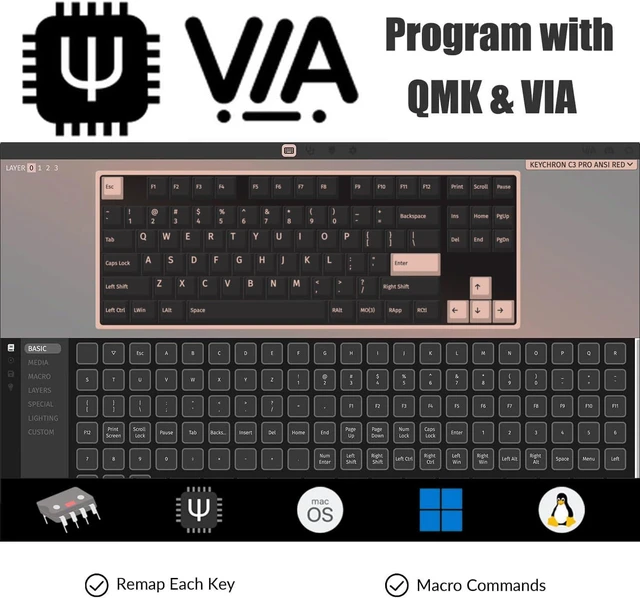 Alt view image 3 of 7 - Keychron C3 Pro QMK/VIA Custom Gaming Keyboard, Programmable 87 Keys Compact TKL Layout Gasket Mount, Red LED Backlight Wired Mechanical Keyboard with Brown Switches for Mac/Windows/Linux