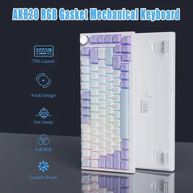 Alt view image 2 of 7 - AJAZZ AK820 75% Wired RGB Gasket Mechanical Keyboard with Volume Knob, Compact 82 Keys Hot-Swap Keyboard, OME Profile PBT Keycap, Detachable Type-C Cable (Purple&Blue)