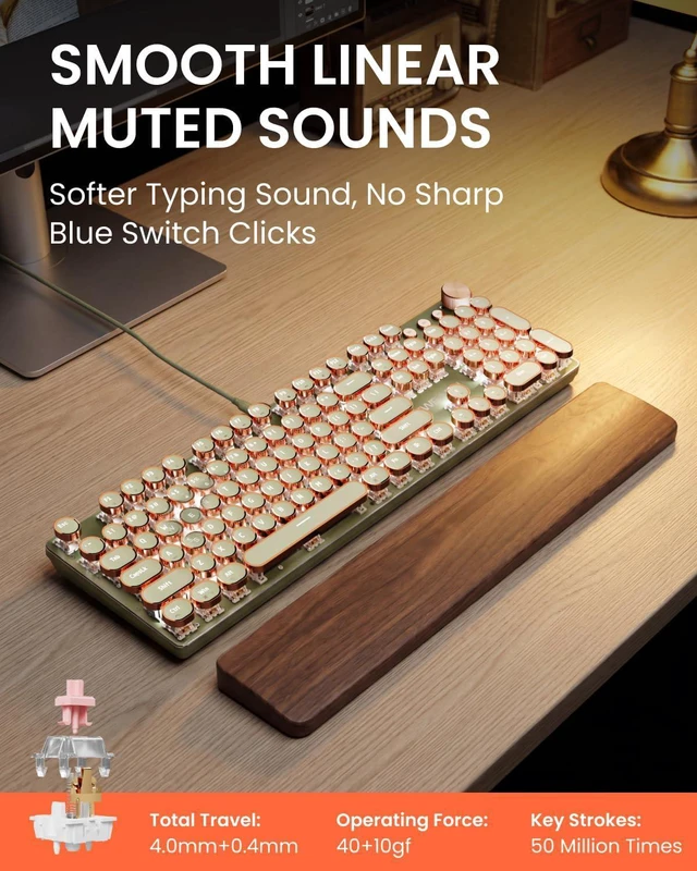 Alt view image 2 of 7 - EWEADN Typewriter Style Mechanical Gaming Keyboard, Wired Mechanical Keyboards,104 Keys Backlit LED Keyboards, Media Control Knob, Wired Keyboard Pink Switch-Green