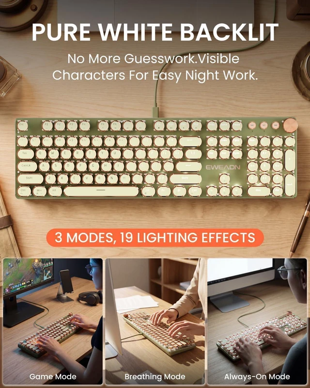 Alt view image 3 of 7 - EWEADN Typewriter Style Mechanical Gaming Keyboard, Wired Mechanical Keyboards,104 Keys Backlit LED Keyboards, Media Control Knob, Wired Keyboard Pink Switch-Green