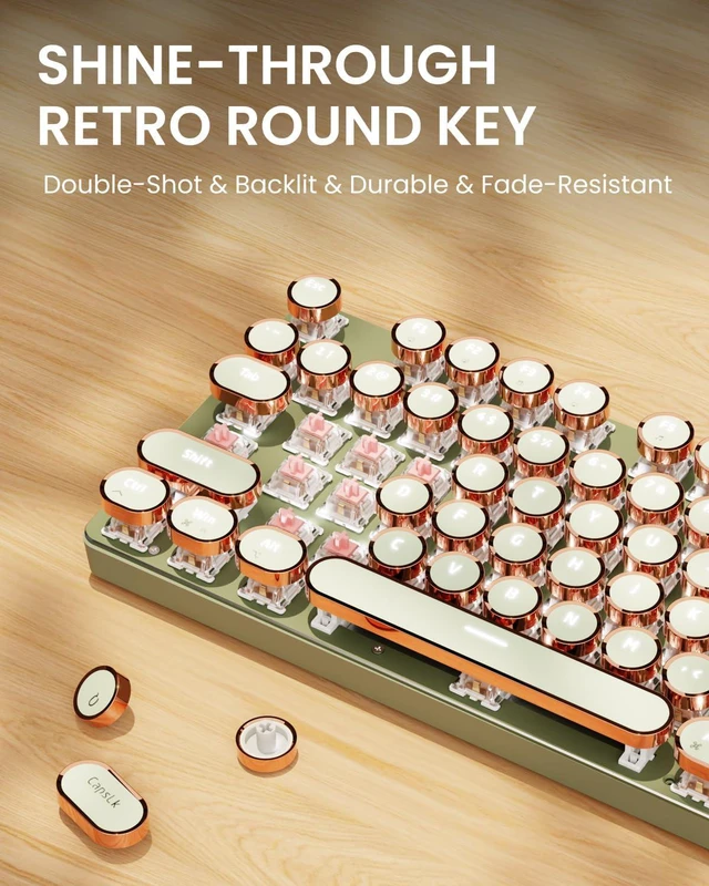 Alt view image 7 of 7 - EWEADN Typewriter Style Mechanical Gaming Keyboard, Wired Mechanical Keyboards,104 Keys Backlit LED Keyboards, Media Control Knob, Wired Keyboard Pink Switch-Green