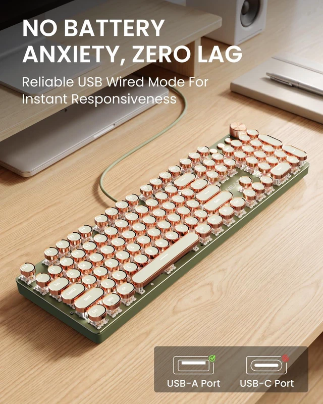 Alt view image 5 of 7 - EWEADN Typewriter Style Mechanical Gaming Keyboard, Wired Mechanical Keyboards,104 Keys Backlit LED Keyboards, Media Control Knob, Wired Keyboard Pink Switch-Green