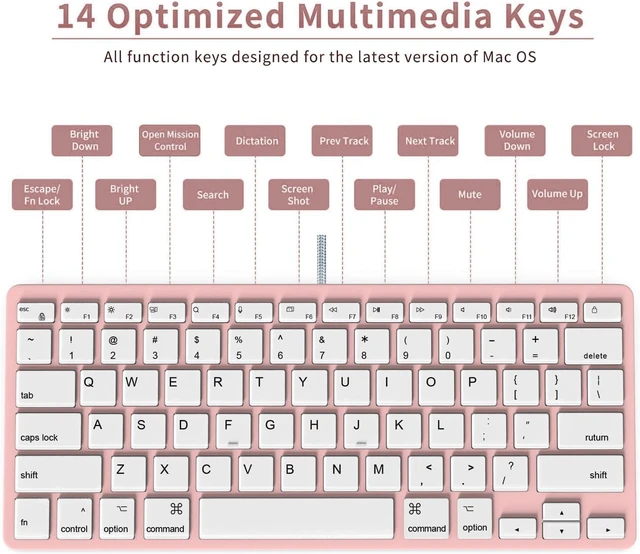 Alt view image 3 of 6 - Ultra-Slim Wired Keyboard for Apple Mac, USB & Type-C Conversion Cable, 78 Scissor Keys, Media Hotkeys, Compatible with MacBook, iMac Mini&Pro, Laptop Computers, Windows Desktop PC, Pink