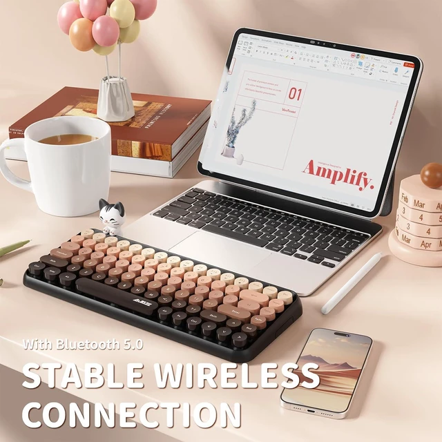 Alt view image 3 of 7 - FELICON 308i Wireless Bluetooth Keyboard, Retro Typewriter Design with Gradient Colorful Round Keycaps and Cute Magnetic Cat Doll, 84 Keys, Multi Device Keyboard for iPad/Laptop/PC/Win/Mac(Coffee)