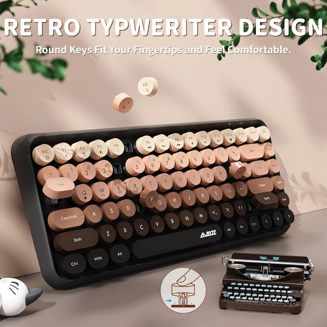 Alt view image 6 of 7 - FELICON 308i Wireless Bluetooth Keyboard, Retro Typewriter Design with Gradient Colorful Round Keycaps and Cute Magnetic Cat Doll, 84 Keys, Multi Device Keyboard for iPad/Laptop/PC/Win/Mac(Coffee)