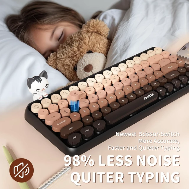 Alt view image 7 of 7 - FELICON 308i Wireless Bluetooth Keyboard, Retro Typewriter Design with Gradient Colorful Round Keycaps and Cute Magnetic Cat Doll, 84 Keys, Multi Device Keyboard for iPad/Laptop/PC/Win/Mac(Coffee)