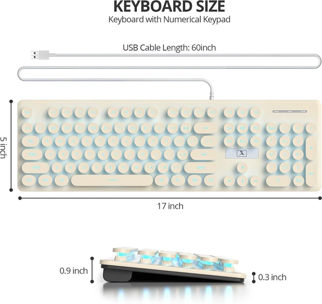 Alt view image 7 of 7 - Full Size Wired Computer Keyboard, Quiet Typewriter Keyboard with Retro Round Keycaps, LED Backlit, Membrane, 104-key for PC, Laptop(Khaqi)
