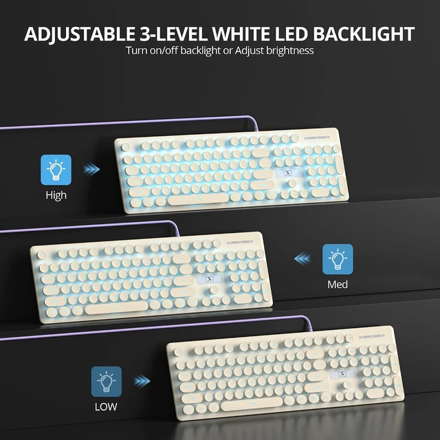 Alt view image 3 of 7 - Full Size Wired Computer Keyboard, Quiet Typewriter Keyboard with Retro Round Keycaps, LED Backlit, Membrane, 104-key for PC, Laptop(Khaqi)