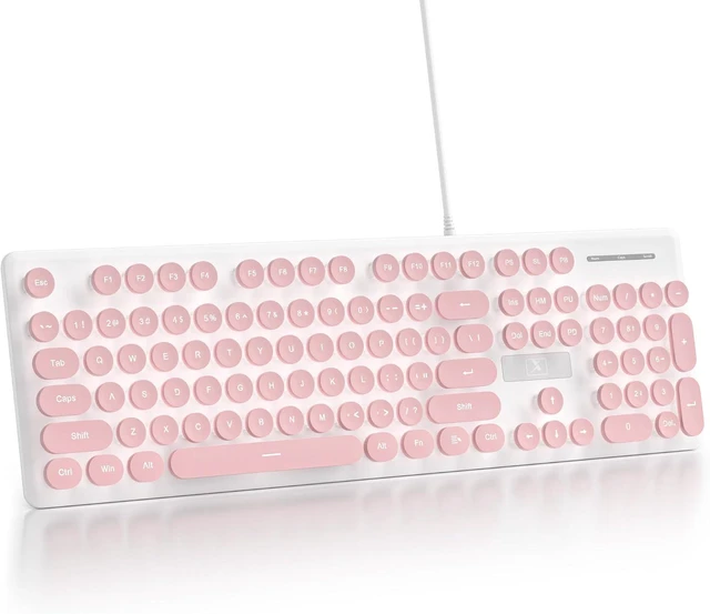 Main image of surmen Cute USB Keyboard Wired Retro Typewriter Style, Light Up Computer Keyboards Backlit with Round Keys Full Size 104 Keys for Office Women V300 Pink